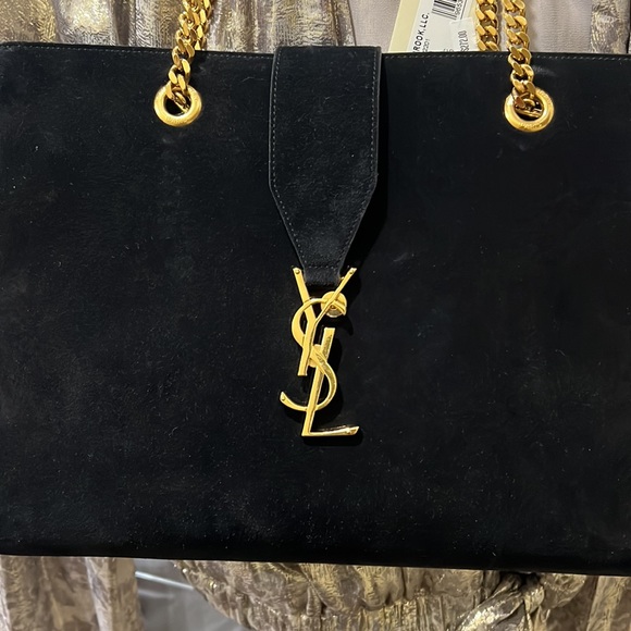 Auth. Saint Laurent Monogram YSL Cassandre Suede Tote Black & Gold - Picture 1 of 12